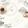 A.S. Creation Strukturprofiltapete Faro 4 Kaffee Beige mit Kaffeetassen und Schriftzügen.