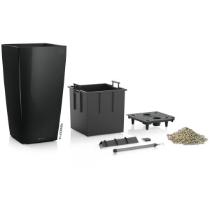 Lechuza Cubico Premium Pflanzgefäß, 50x50 cm, Schwarz hochglanz, mit Bewässerungssystem und Zubehör.