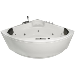 Eck-Whirlpool Badewanne Futuna Premium, 140x140 cm, in Weiß mit Armatur-Set und Kopfstützen.