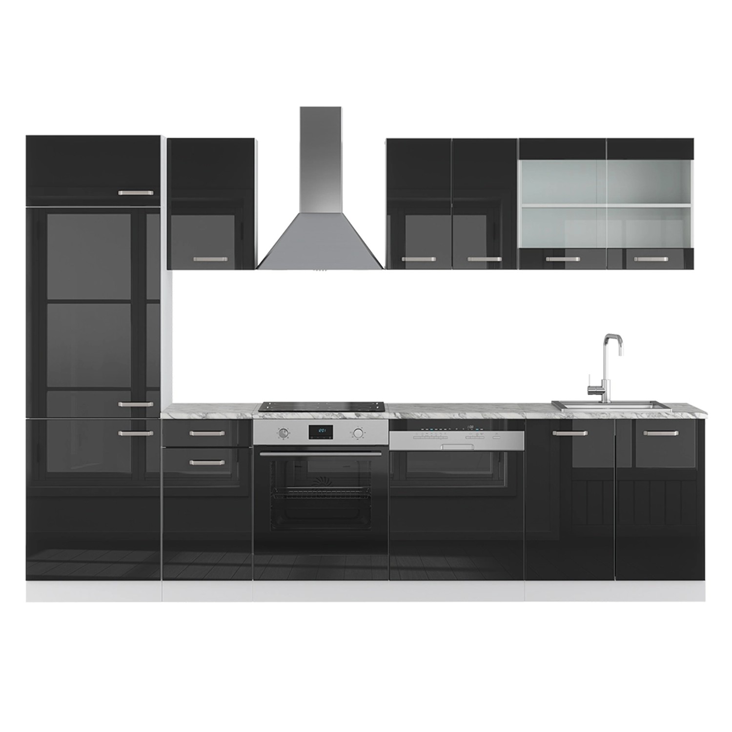 Vicco R-Line Küche Schwarz Hochglanz 300 cm AP Marmor günstig online kaufen