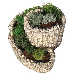 Bellissa Gabionen-Kräuterspirale, kleine Ausführung befüllt mit Steinen und bepflanzt mit Kräutern.