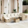 Beige 8-tlg. Garten-Sofagarnitur aus Rattan mit cremeweißen Kissen und Tisch. Gartenmöbel für Terrasse und Garten.