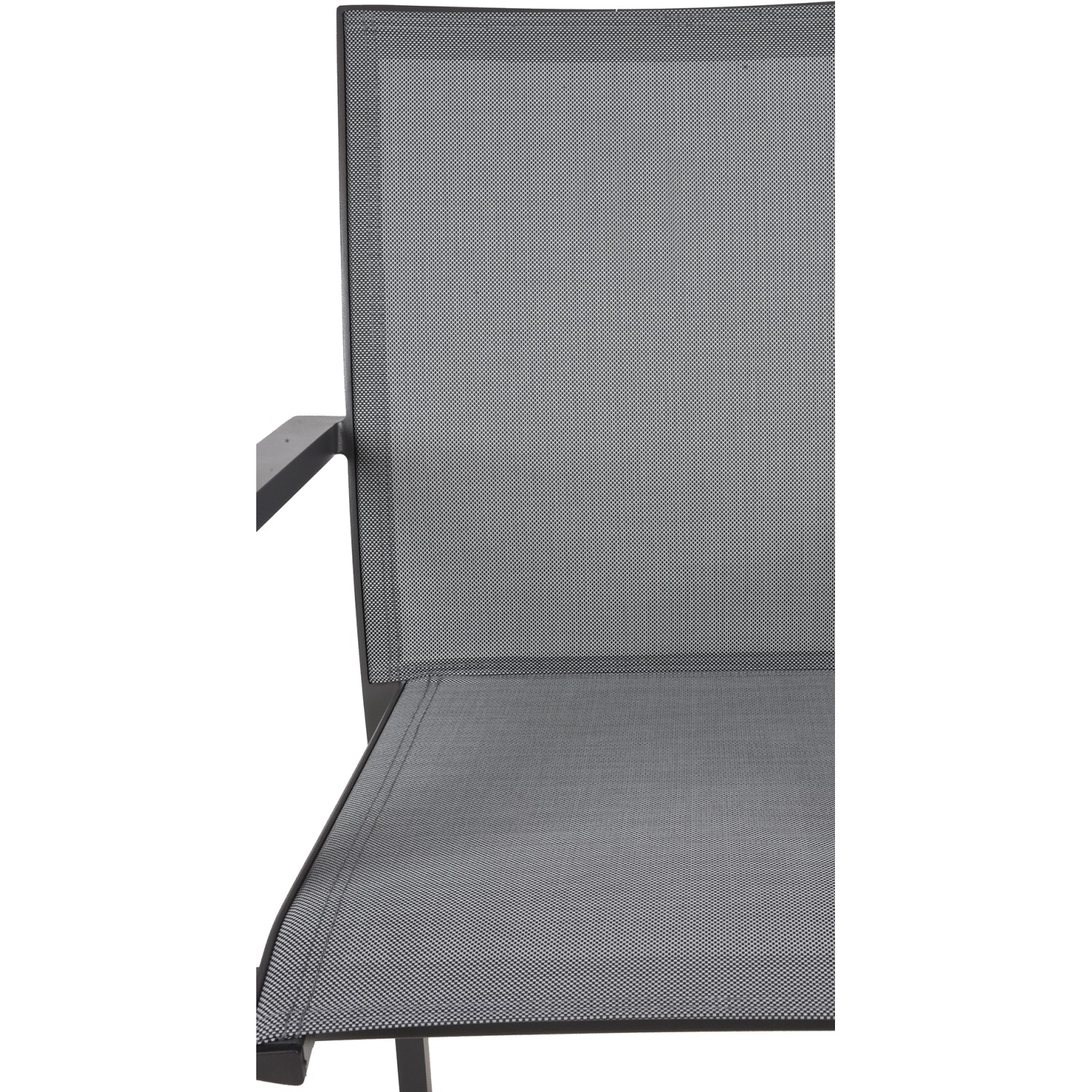 Detailansicht: Grauer Stapelstuhl aus dem 5-teiligen Gartenmöbel-Set Rana von Garden Pleasure.