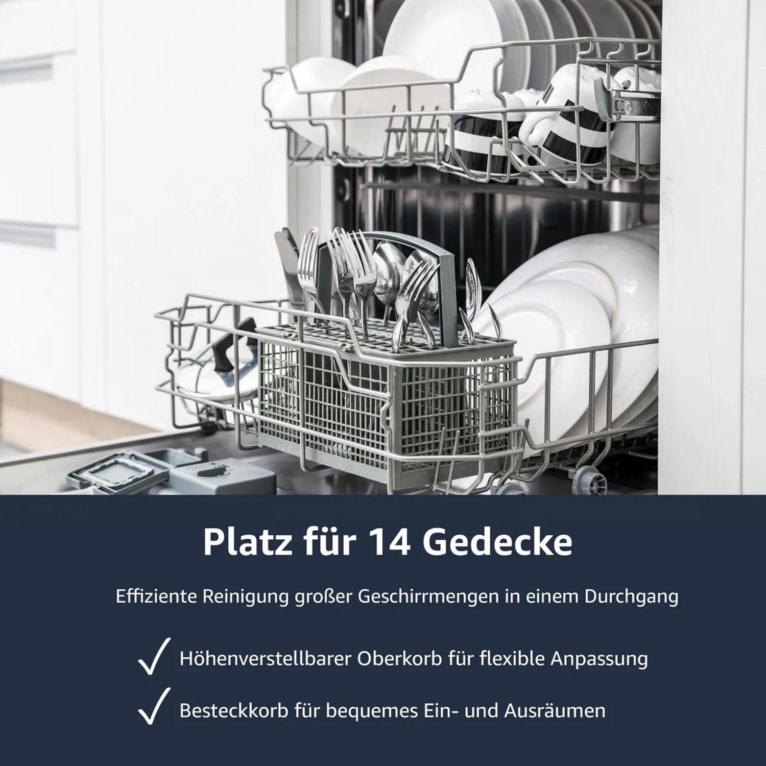 homeX Geschirrspüler: Innenraum mit Geschirr und Besteck für 14 Maßgedecke.