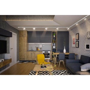 Modernes Wohnzimmer mit weißem Ledvance Smart+ Schienensystem, Ø 12 cm, für flexible Beleuchtung.