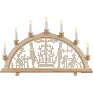 HGD Lichterbogen Pyramide, 7-flammig, aus Holz mit weihnachtlichen Figuren und warmweißem Licht.