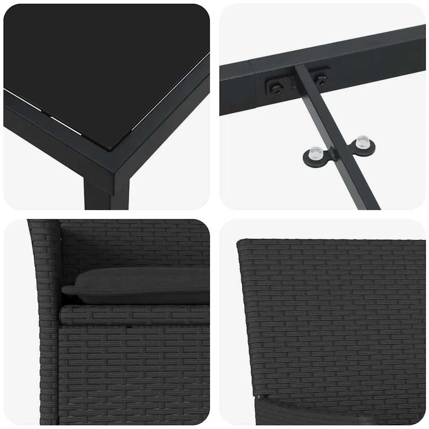 vidaXL Garten Essgruppe, 5-teilig, schwarz, Poly Rattan, Details von Tischplatte, Gestell und Stuhl.
