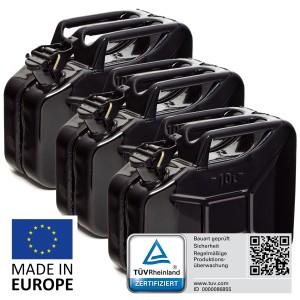 3 schwarze 10L Metall Kraftstoffkanister, TÜV-geprüft, für Benzin, Diesel, E10.