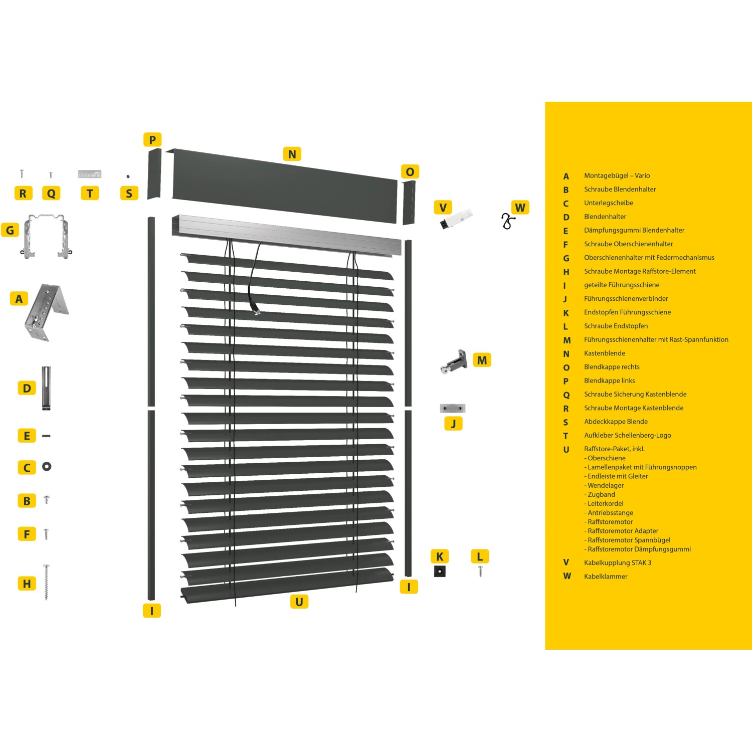 Schellenberg Raffstore Express mit Motor, 180x220 cm, Anthrazit, Einzelteile im Überblick.