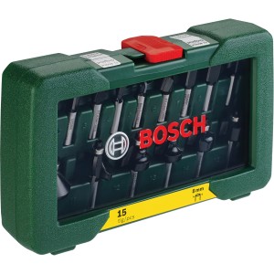Bosch HM-Fräser-Set Promoline, 15-teilig, im grünen Koffer mit rotem Verschluss.