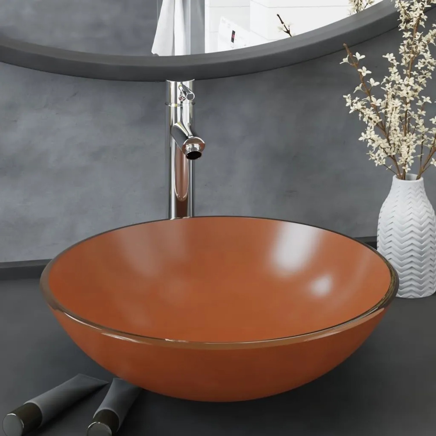 Braunes vidaXL Waschbecken-Set mit Armatur und Ablaufgarnitur für das Badezimmer.