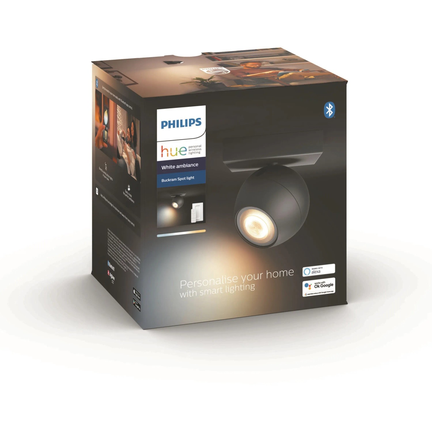 Verpackung des Philips Hue Spot Buckram, 1-flammig, schwarz, mit Dimmer. LED Leuchte für White Ambiance.