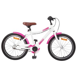 Rosa Kinderfahrrad, 24 Zoll, für 8-12 Jahre. Weißer Rahmen mit pinkfarbenen Akzenten und Schutzblechen.