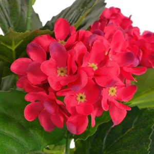 Künstliche Hortensie im Topf, 60 cm, rote Blüten und grüne Blätter. Dekorative Kunstpflanze.