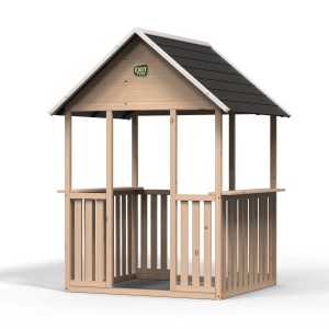 Offenes, helles Holzspielhaus Exit Panorama 100 mit dunklem Dach für den Garten.