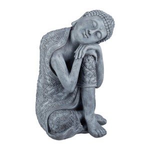 Relaxdays Buddha Figur Polyresin Hellgrau Geneigter Kopf Wetterfest Frostsicher 60 cm x 35 cm x 35 cm 9,5 kg