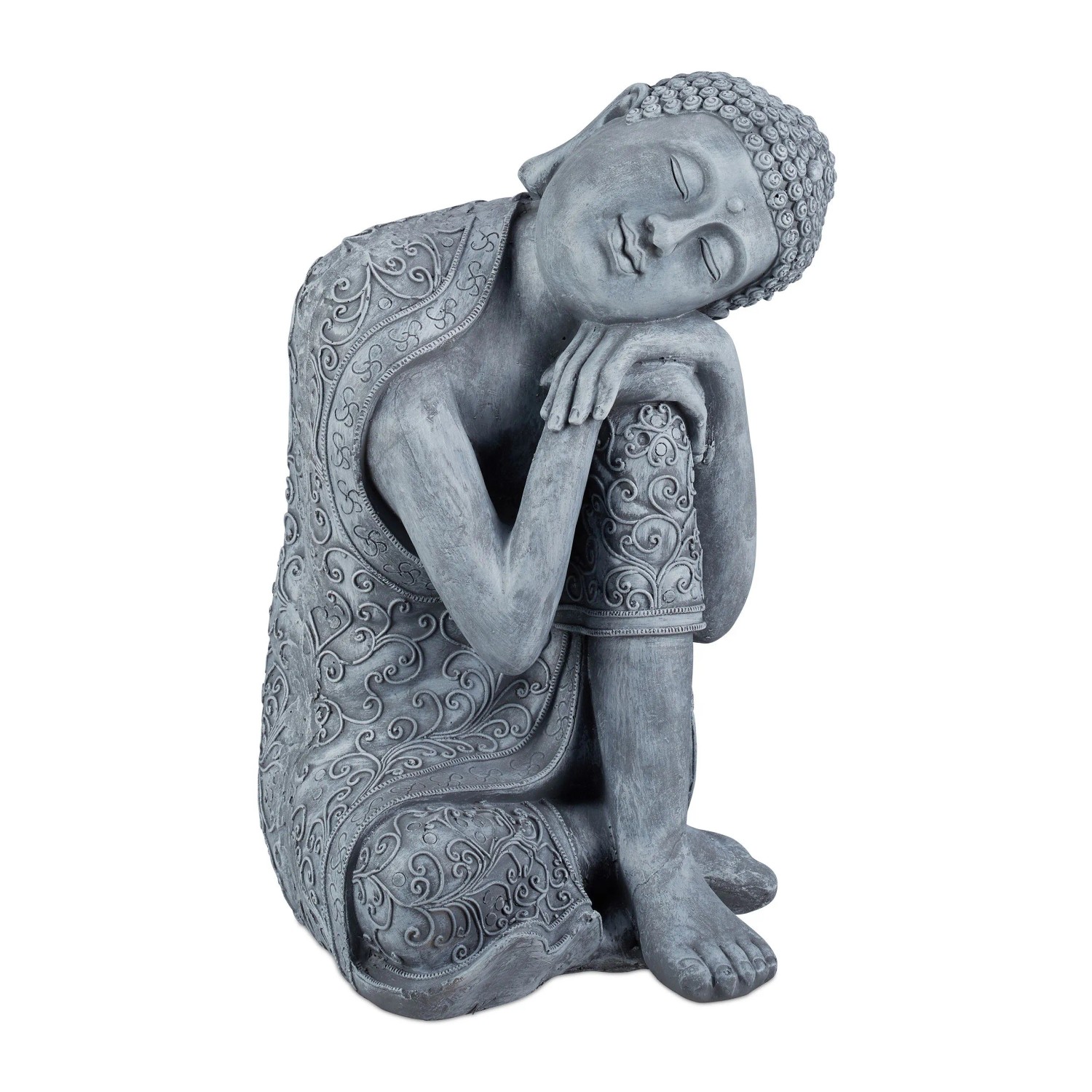 Relaxdays Buddha Figur Polyresin Hellgrau Geneigter Kopf Wetterfest Frostsicher 60 cm x 35 cm x 35 cm 9,5 kg