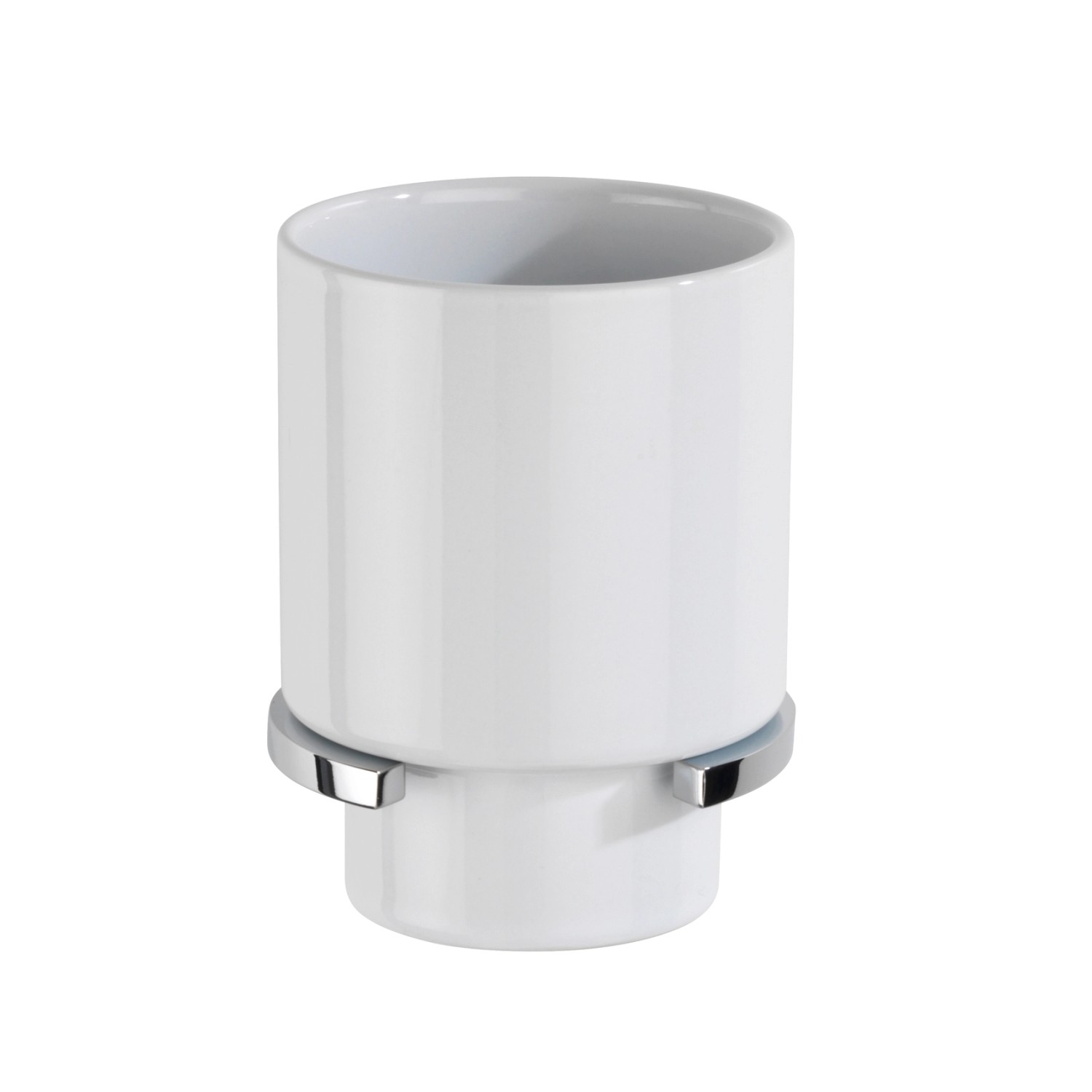 Wenko Zahnputzbecherhalter Isera, silber glänzend, mit weißem Keramikbecher.