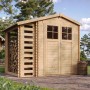 Timbela Holz-Gartenhaus mit Brennholzregal, 4,5 m², mit Boden. Gartenhaus aus unbehandeltem Holz.