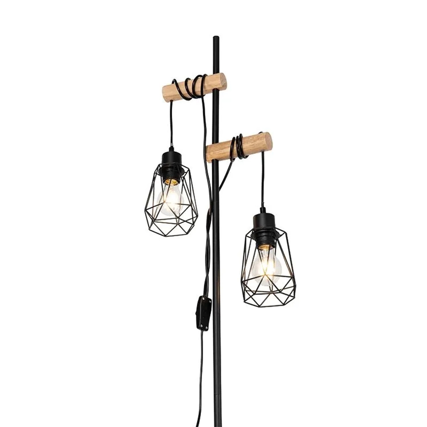 Schwarze QAZQA Stehlampe Dami Frame mit Holz und zwei Lampenschirmen.