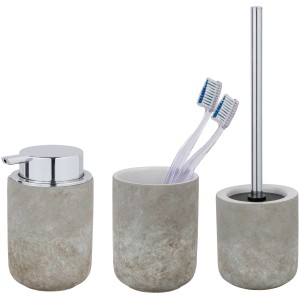 Schöner Wohnen Bad-Set Londa, 3-teilig, Keramik in Grau mit Seifenspender, Zahnputzbecher und WC-Garnitur.