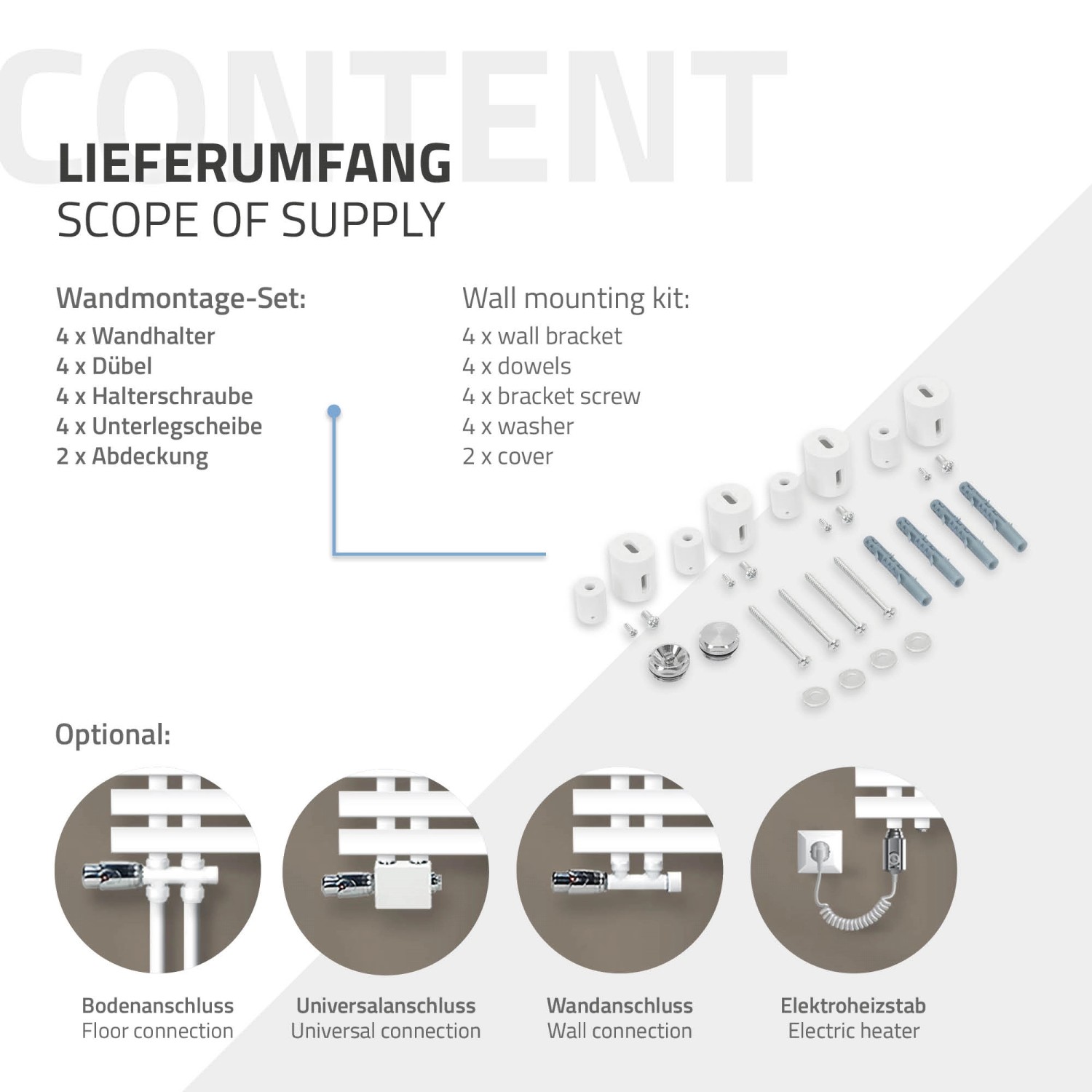 Zubehör für LuxeBath Design Badheizkörper: Wandhalter, Dübel, Schrauben, Unterlegscheiben, Abdeckungen, optionale Anschlüsse.