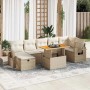 Beige 5-tlg. Garten-Sofagarnitur aus Rattan mit Kissen und Akazientisch für Terrasse und Garten.