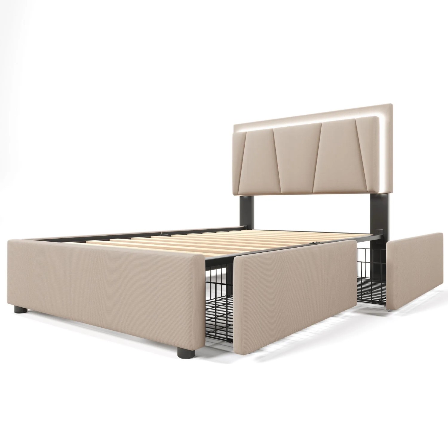 Merax Polsterbett 90x200 Beige LED 2 Schubladen mit Matratze