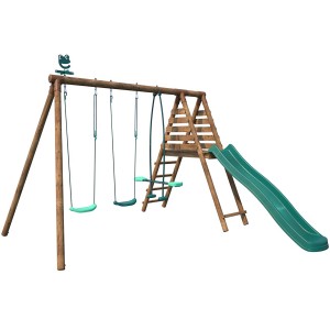 Soulet Holzschaukel Figue mit Rutsche, zwei Schaukelsitzen und Vis-a-Vis-Sitz für Kinder.