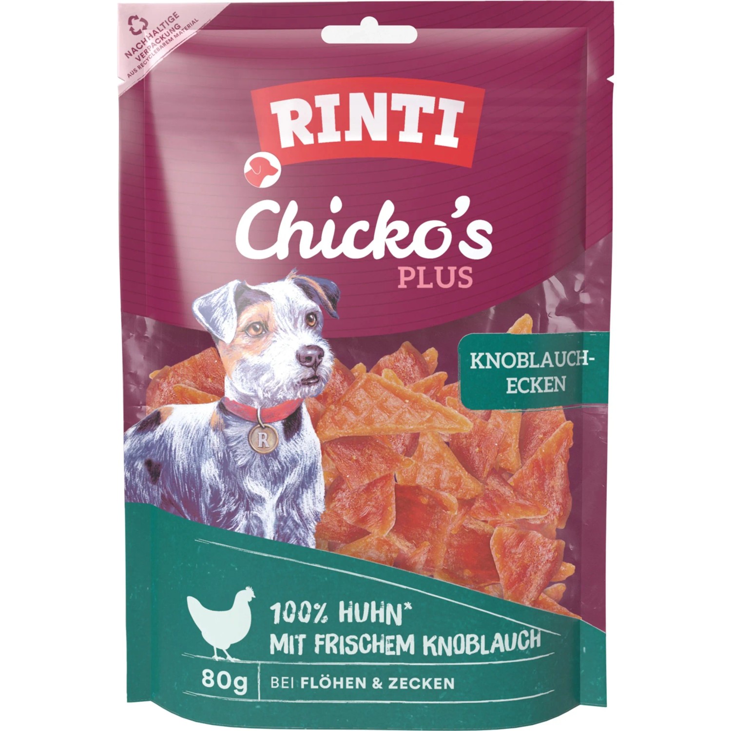 Rinti Hunde-Natursnacks Chicko Plus Knoblauchecken mit Huhn 80 g