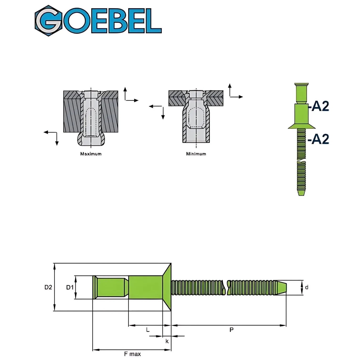 Technische Zeichnung: GOEBEL hochfeste Blindniete Edelstahl A2, 4,8x16 mm, Senkkopf, M-Lock Niete.