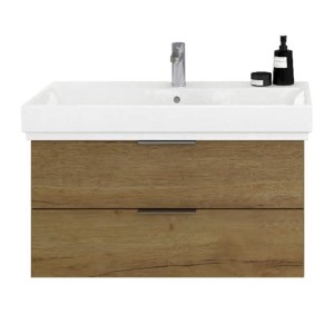 Steinkamp Waschtisch-Set mit Unterschrank in Halifax Eiche und GROHE Cube Waschtisch, 100 cm.