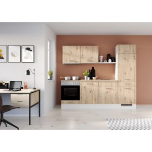 Küchenzeile Impuls Küchen 240 cm, helle Eiche Nachbildung, mit integrierten E-Geräten und Soft-Close-Funktion.