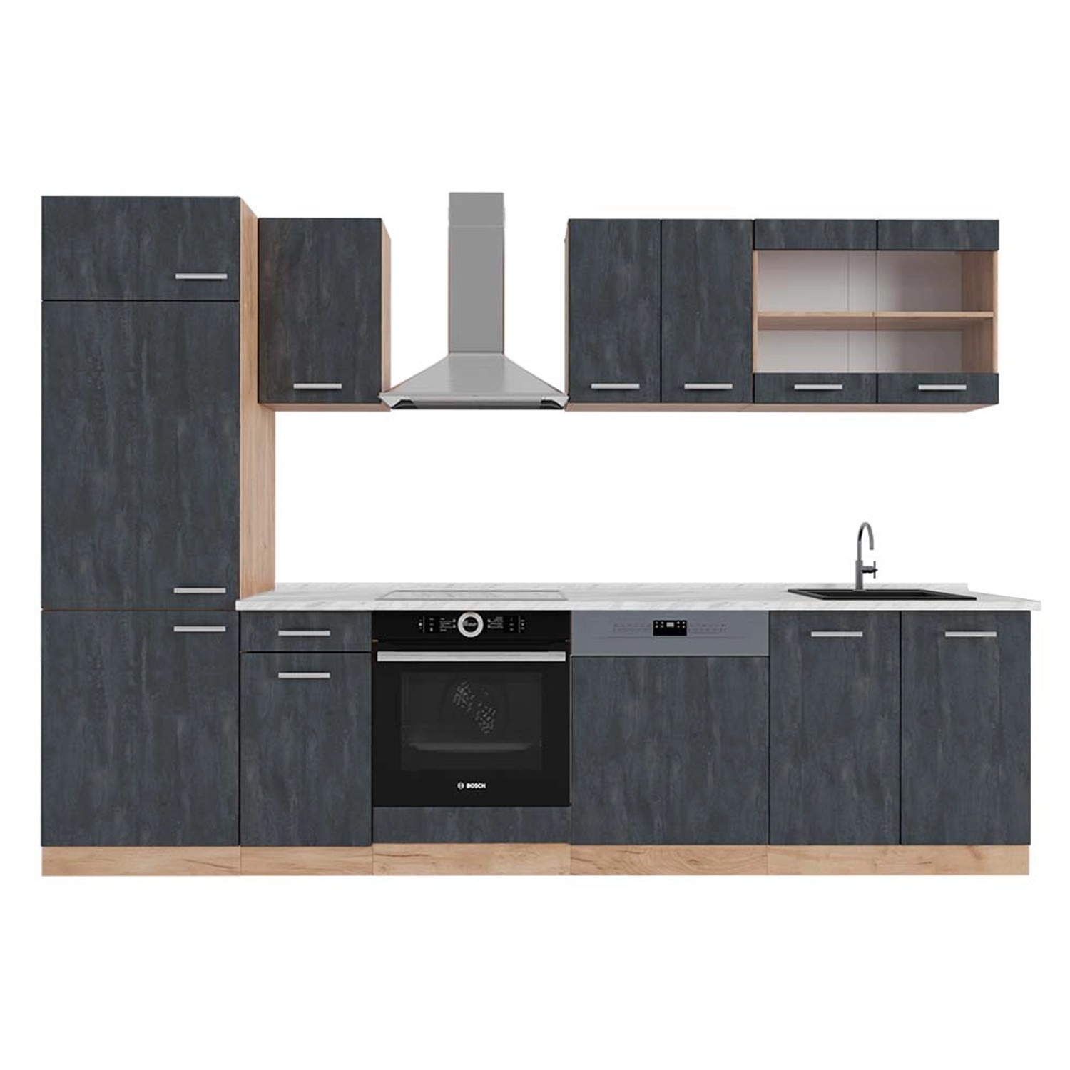 Vicco R-Line Küchenzeile Schwarz Beton/Goldkraft Eiche 300 cm AP Marmor günstig online kaufen