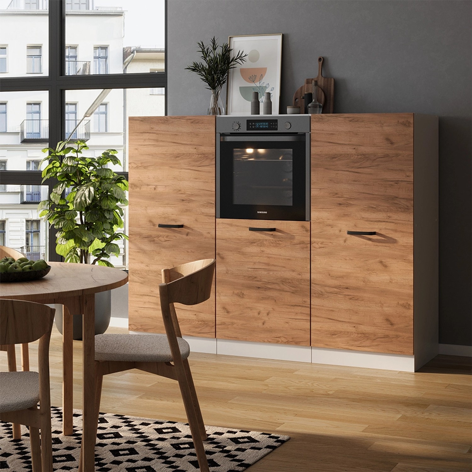 Vicco Küchenblock R-Line, 180 cm, Eiche Goldkraft/Weiß, ohne Arbeitsplatte, mit Backofenumbau.