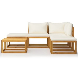 vidaXL Garten-Lounge-Set aus Akazie mit Auflagen, 6-teilig. Holzfarbenes Sofa mit Tisch und cremeweißen Kissen.