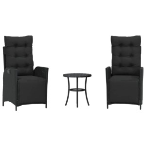 Schwarzes 3-tlg. Bistro-Set aus Polyrattan mit Kissen für Garten oder Balkon.