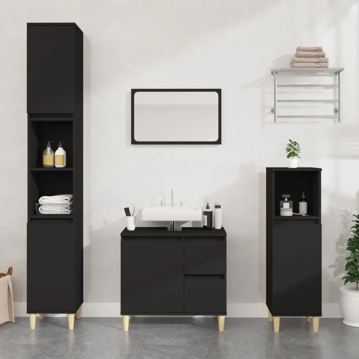 vidaXL Badmöbel-Set, schwarz, mit Badschrank, Waschbeckenunterschrank und Hochschrank.