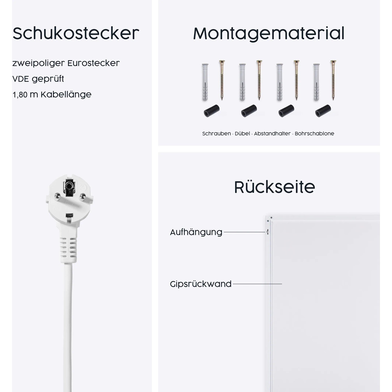 Details der Könighaus Infrarotheizung Panorama: Stecker, Montage und Rückseite.