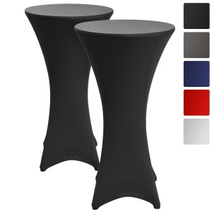 Zweiteilige, schwarze Beautissu Stehtischhusse Stella Ø 70 cm aus Stretchstoff.