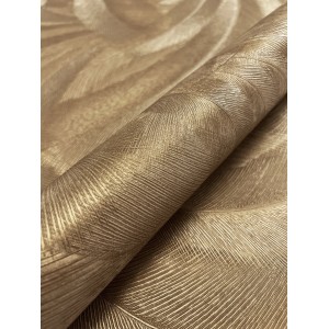 Goldene Vliestapete mit Palmenmuster und Struktur, Rolle im Detail.
