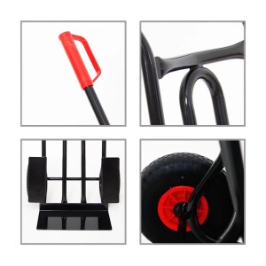 Detailansicht der PROREGAL Sackkarre Rhino XL: Rahmen, Schaufel, Handgriff und Rad mit roter Felge.