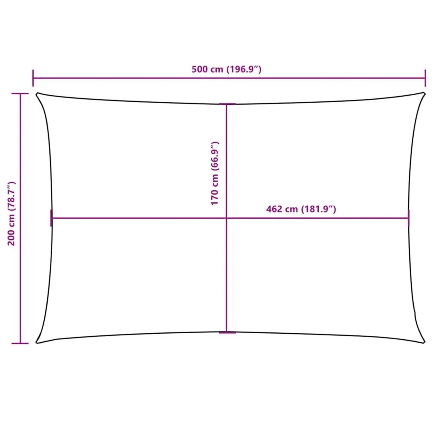Maßskizze des rechteckigen vidaXL Sonnensegels 2x5m. Detaillierte Abmessungen in cm und Zoll.