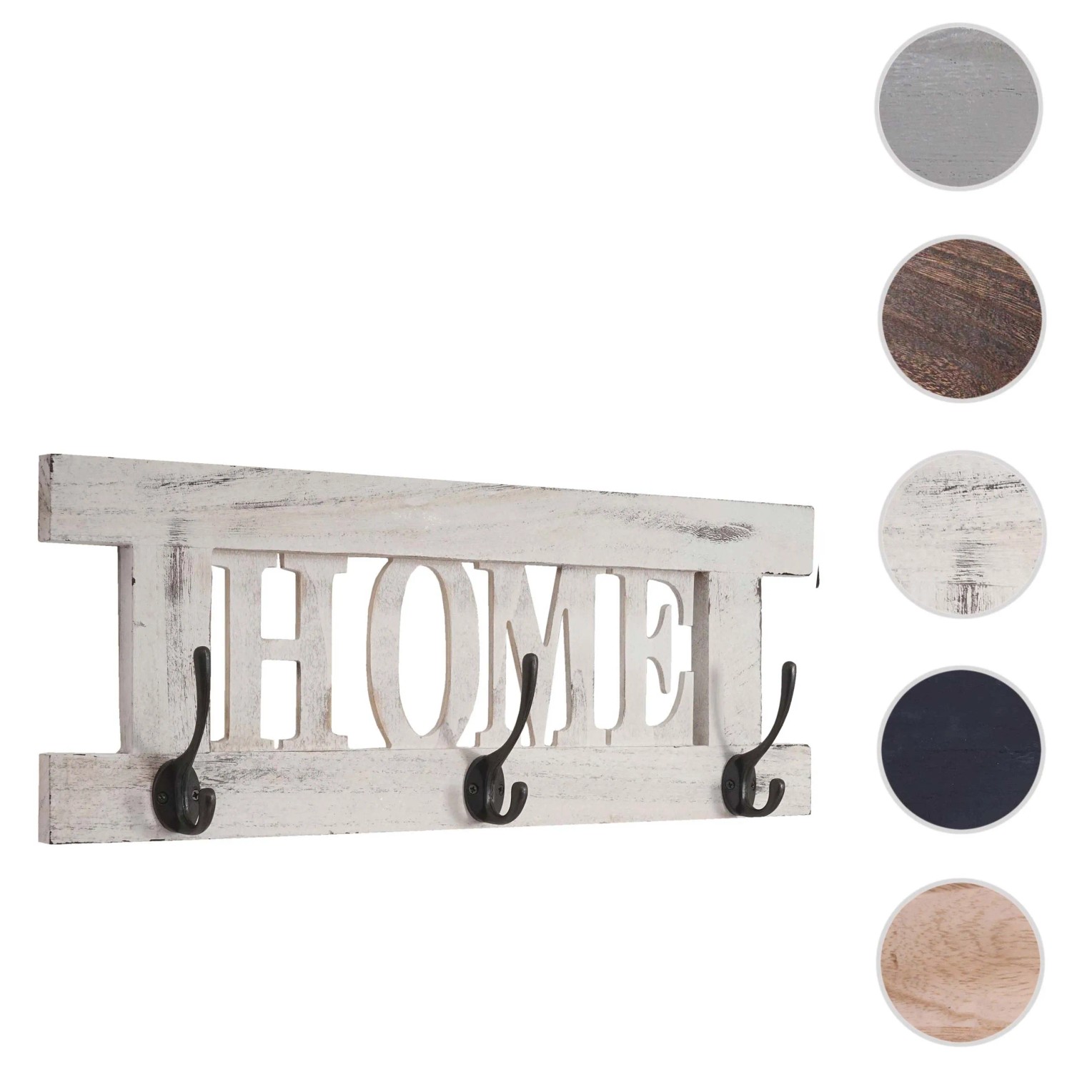 Weiße Wandgarderobe im Shabby-Look mit HOME Schriftzug und 3 Doppelhaken.