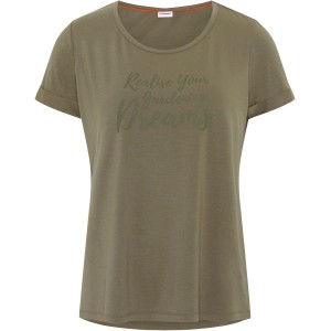 Gardena Damen T-Shirt XS in Olivgrün mit "Realise Your Gardening Dreams" Schriftzug.