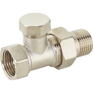 Rücklaufverschraubung Durchgang, vernickeltes Messing, 18,6 mm x 21 mm für Heizungsinstallation.