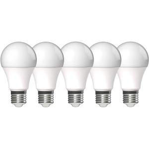 Fünf E27 LED Leuchtmittel in Glühlampenform, 8,5 W, warmweißes Licht.