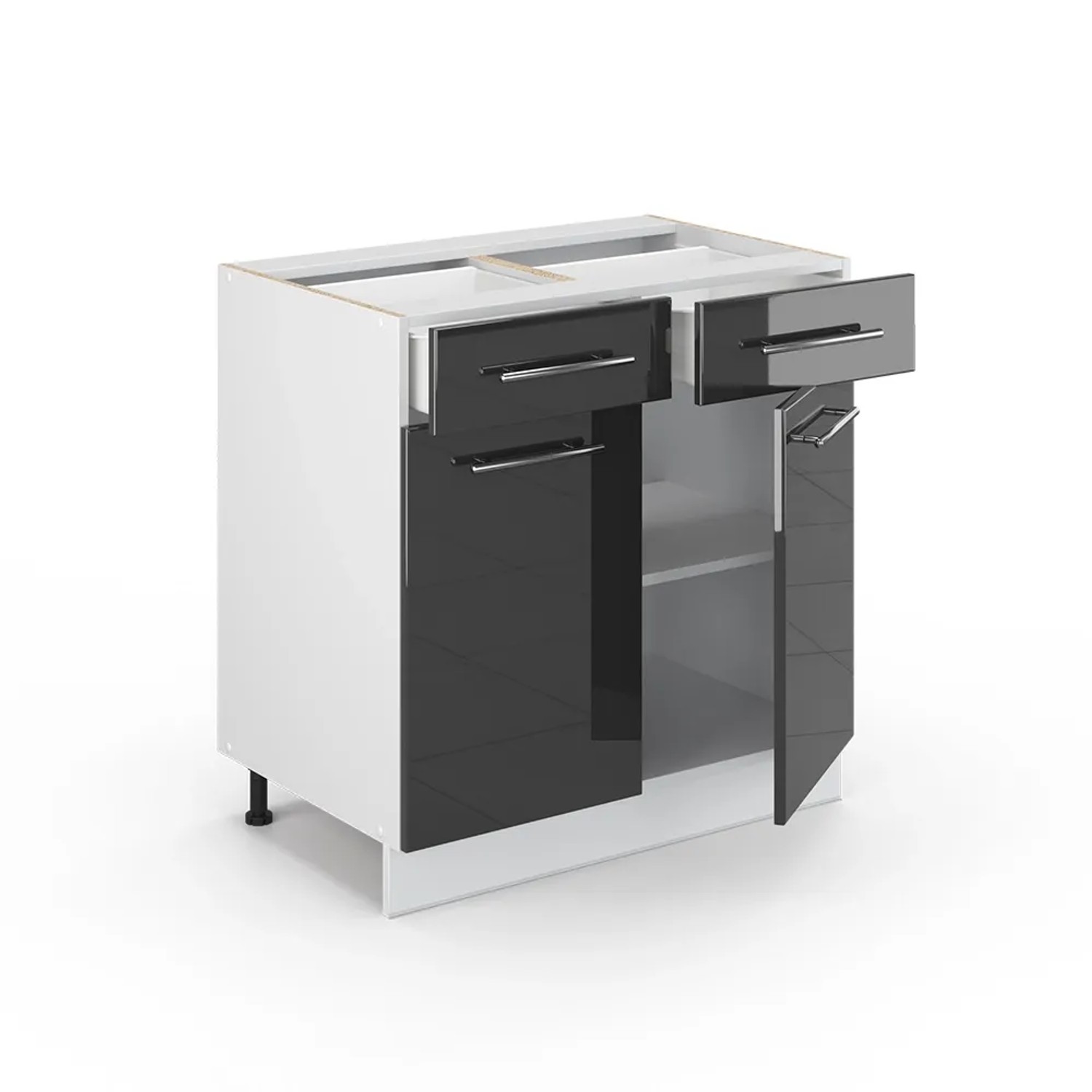 Vicco Küchenunterschrank Fame-Line, anthrazit hochglanz/weiß mit Eiche Arbeitsplatte, 80 cm breit.