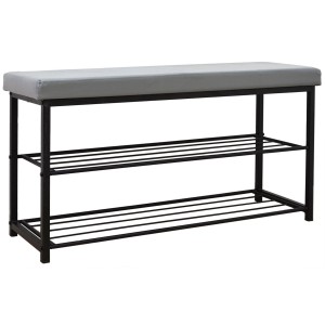 Hellgraues DuneDesign Schuhregal mit Sitzbank, Metallgestell schwarz, 95x33x52 cm.