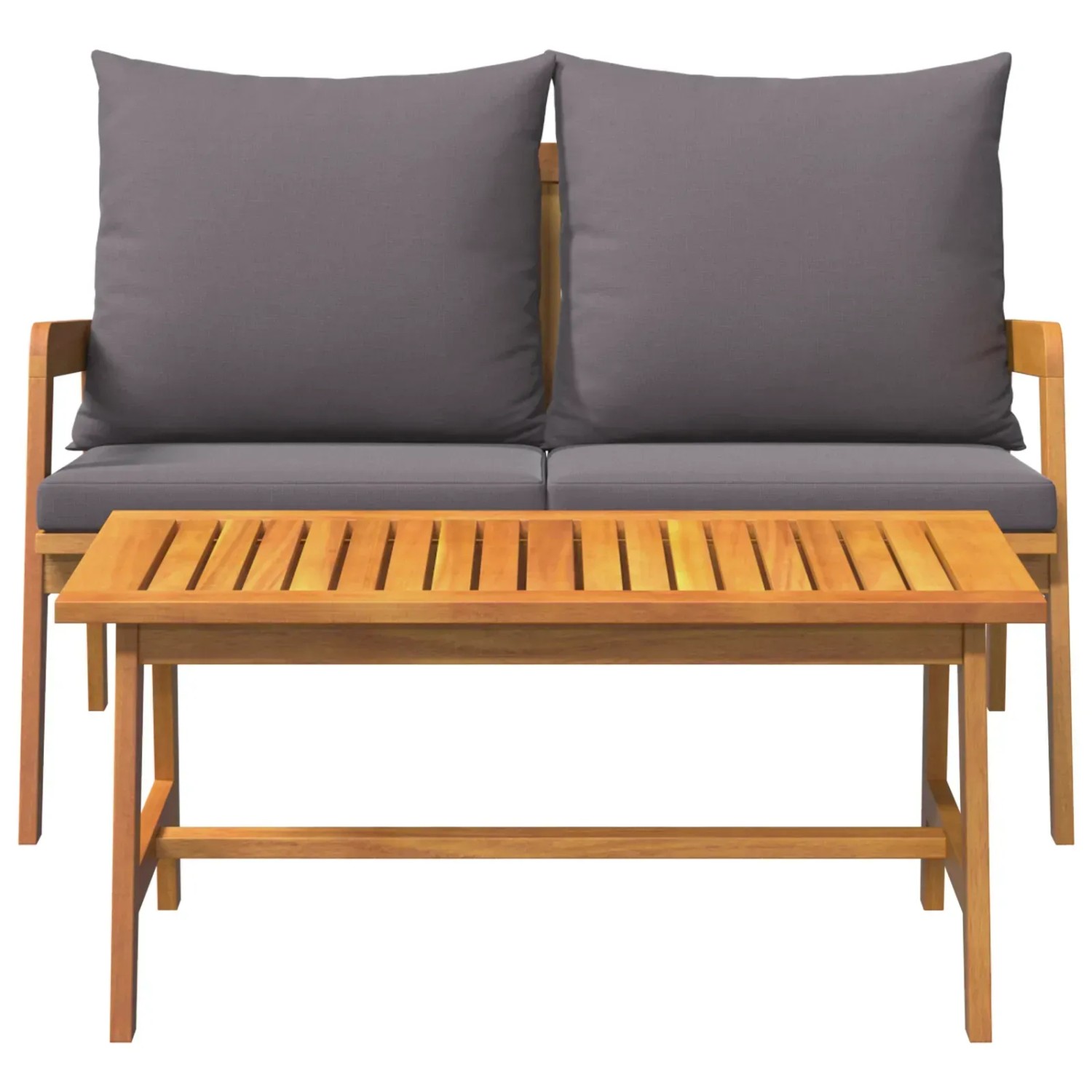 2-teiliges Bistro-Set aus Akazienholz mit anthrazitfarbenen Kissen. Gartenmöbel für Balkon und Terrasse.